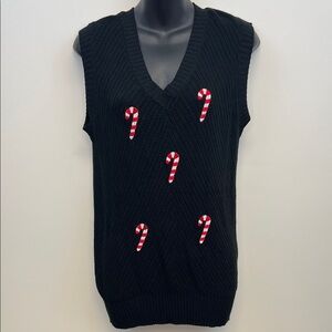 Black V-Neck Sweater Vest with Candy Cane Embroidery Medium